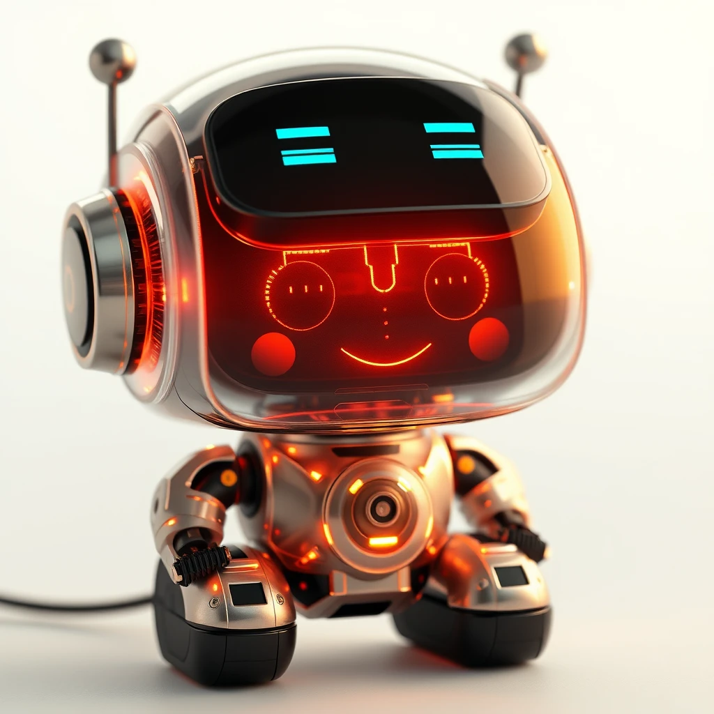 Cute aesthetic, a tiny cute translucent polycarbonate robot with an LED screen face, emoticon, stunning unreal engine render, intricate details.