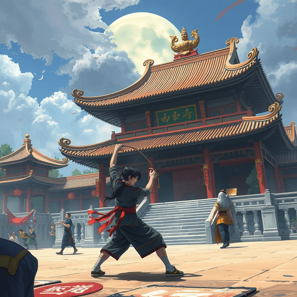 anime artwork, Martial arts arena in front of Taoist temple, unmanned