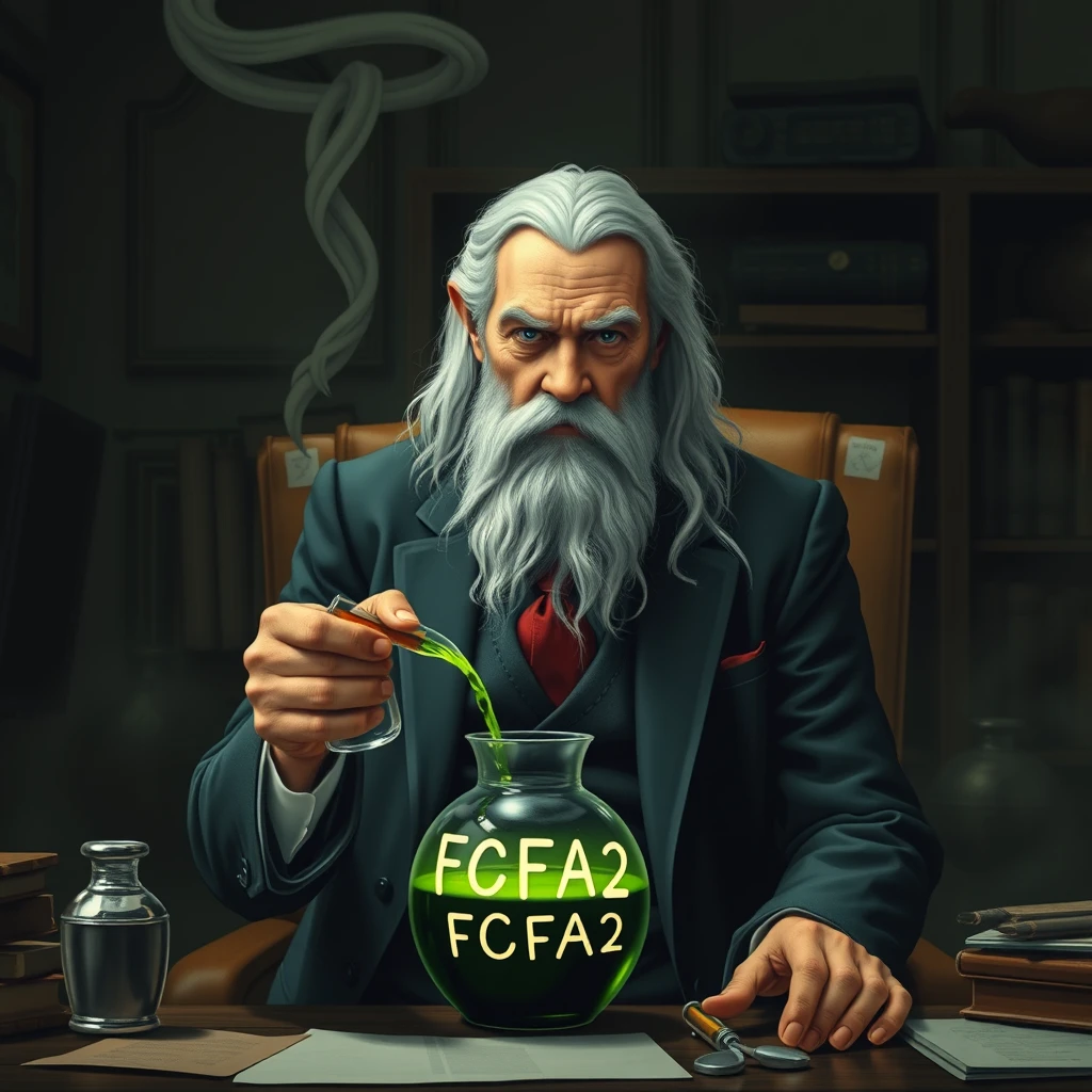 Gandalf in a suit in a modest office brews potion that says FCFA2S. - Image