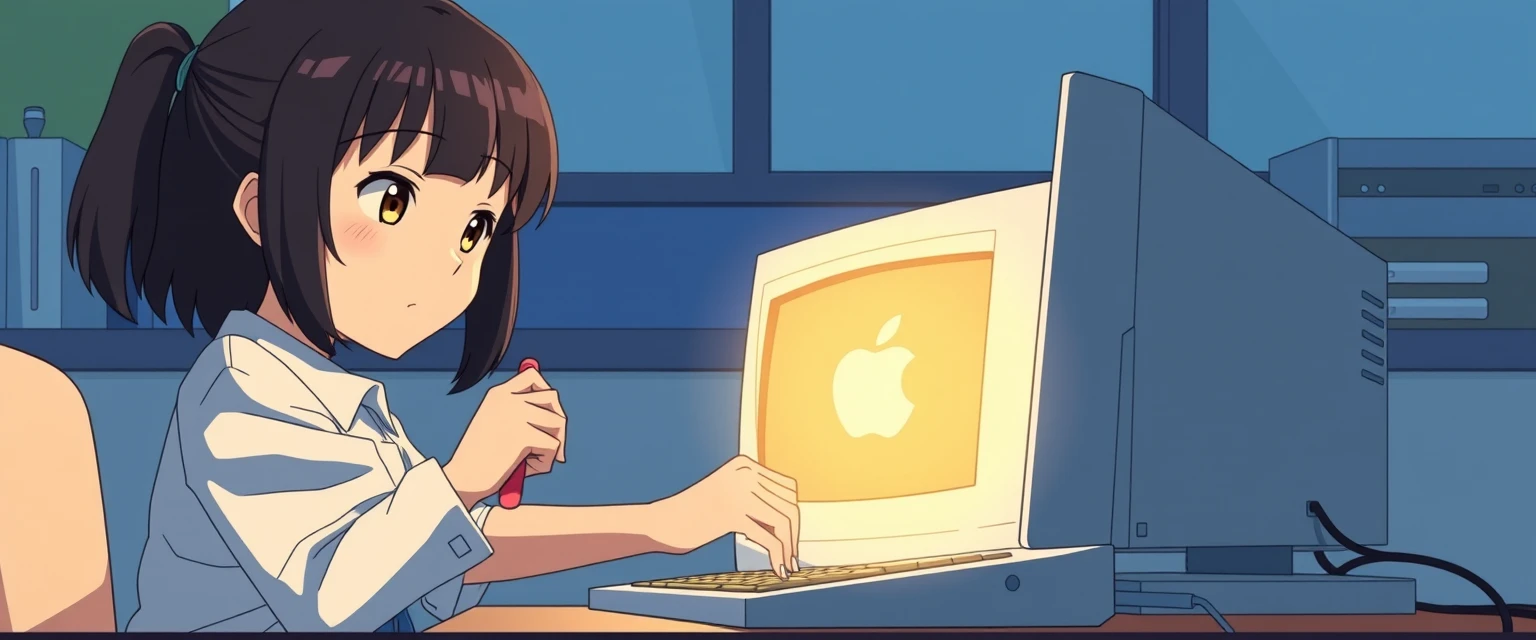 A young girl repairing an Apple computer in Japanese animation style. 16:9 - Image