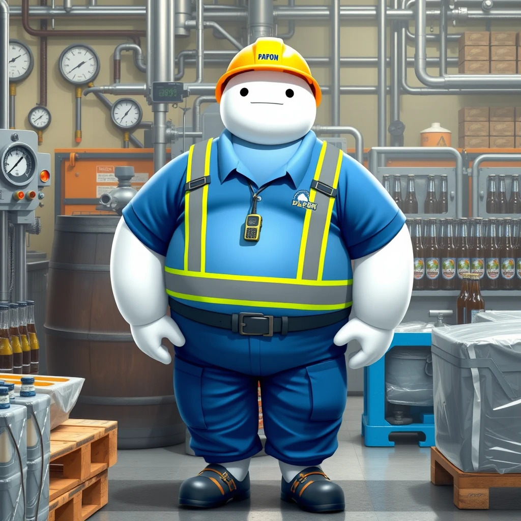 Baymax in a beer bottling plant surrounded by machinery, a barrel, gauges, measuring instruments, pallets, bottles of beer, dressed in a blue polo uniform that covers his entire torso, safety equipment, a reflective vest, safety shoes, a walkie-talkie, protective glasses, blue cargo pants, and a yellow helmet with the word POPON written on it.