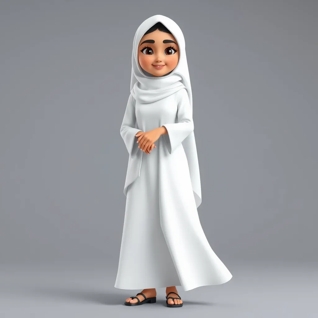 Create a 3D animated cartoon of a Muslim woman from Palembang wearing a long white gamis. The character should be highly detailed with 8K resolution. Focus on traditional Palembang features and cultural elements.