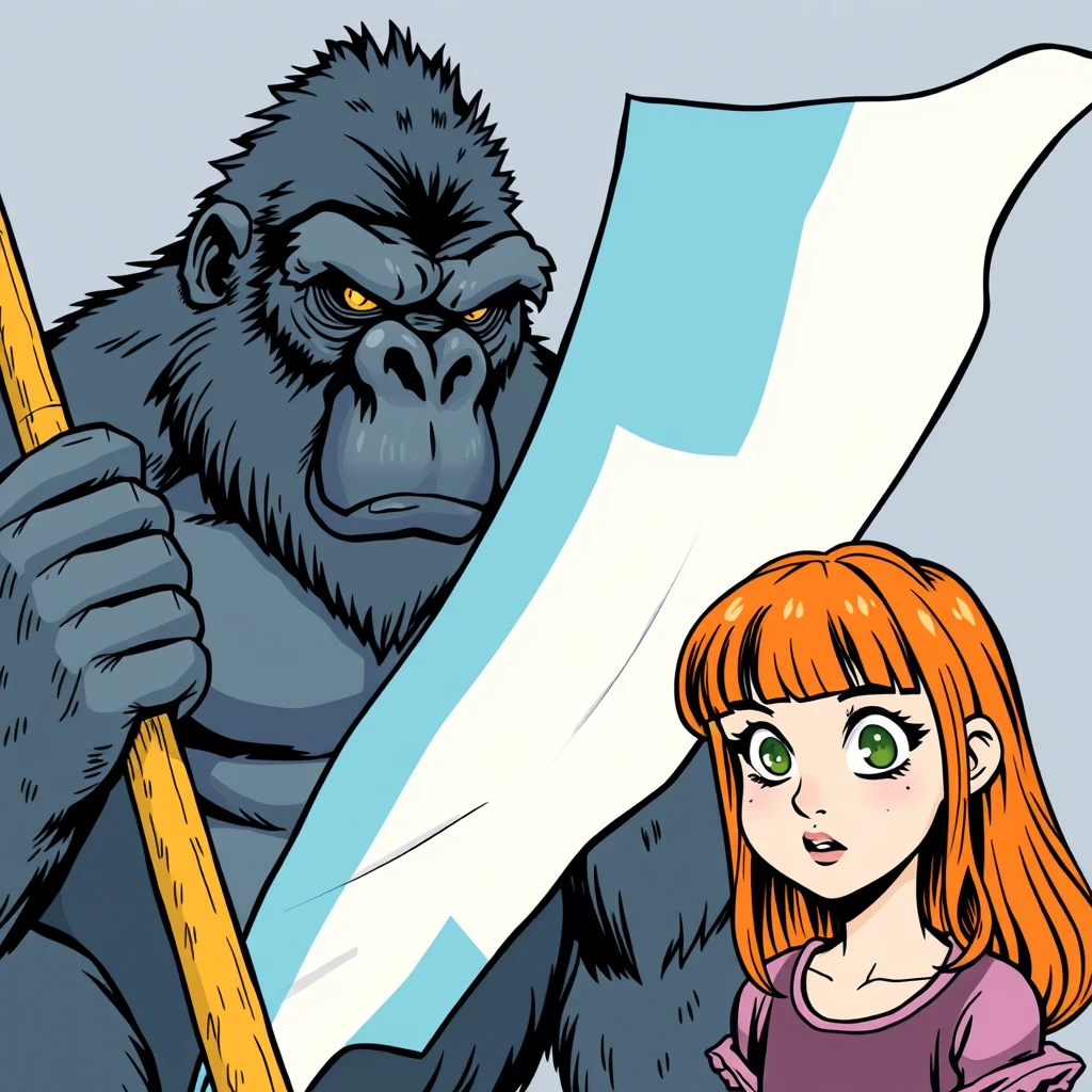 A fierce gorilla holding a three-stripe flag, colored light blue, white, and light blue, next to a cute ginger-haired teenage girl with green eyes and bangs, drawn in an old comic style.