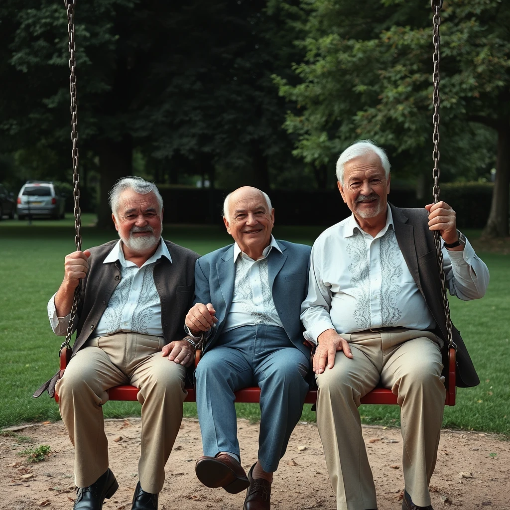 3 larger older men in the park on swings wearing lace