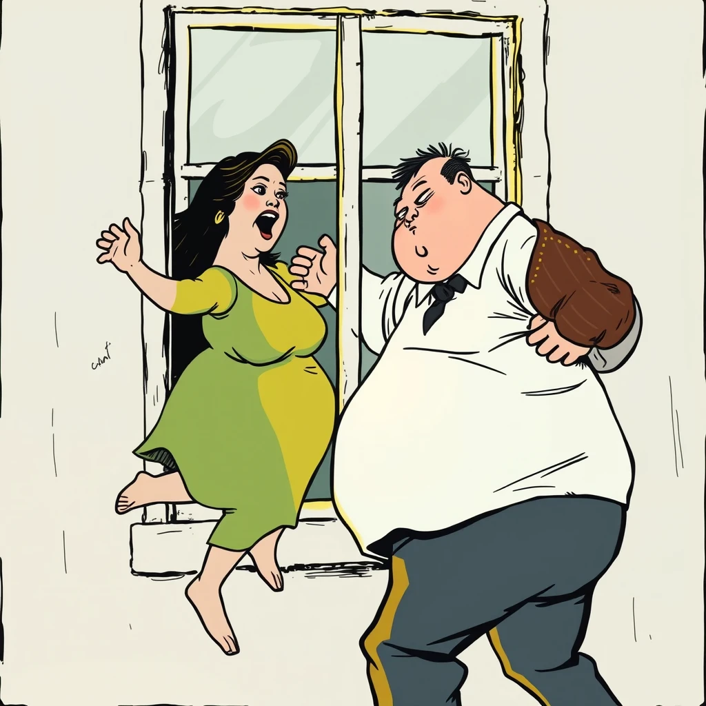 A fat man pushed a woman at the window, and the woman fell out of the window in fright. - Image