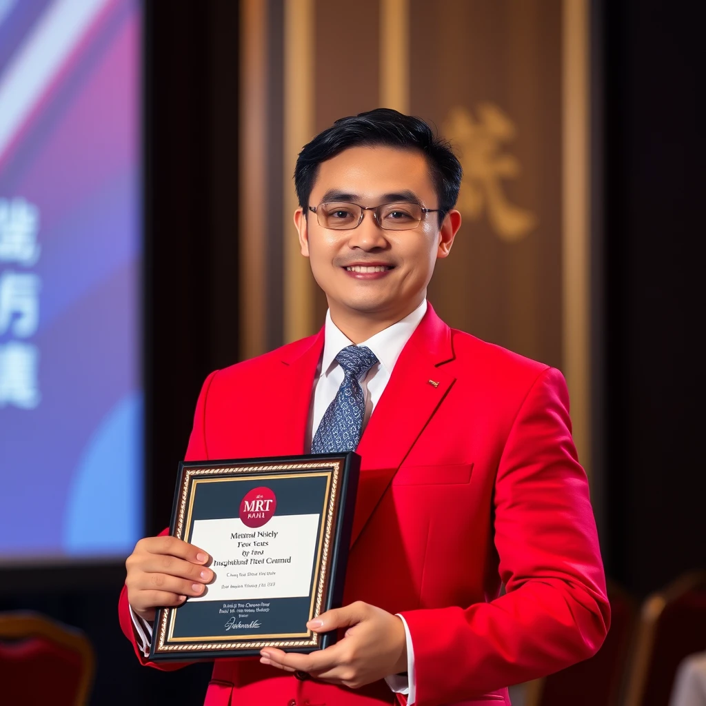 Generate a realistic photo of a Chinese male insurance agent from AIA. 35 years old posing for his portrait photo in an annual award presentation night receiving his MDRT recognition.