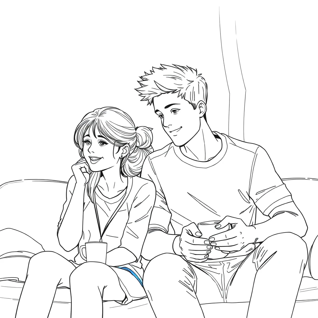 "Young couple's daily life. line art."