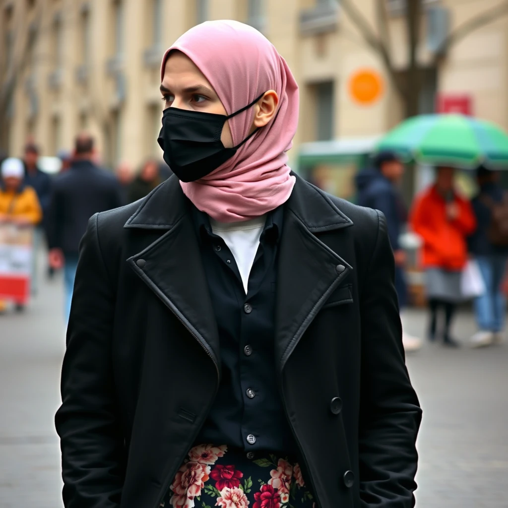 Jamie Dornan's face, hair, and body shot, handsome, young, shaved, face mask black, black coat suit, dating love with biggest soft pink hijab, black leather jacket, face mask black, biggest floral skirt, hyper realistic, street photography.