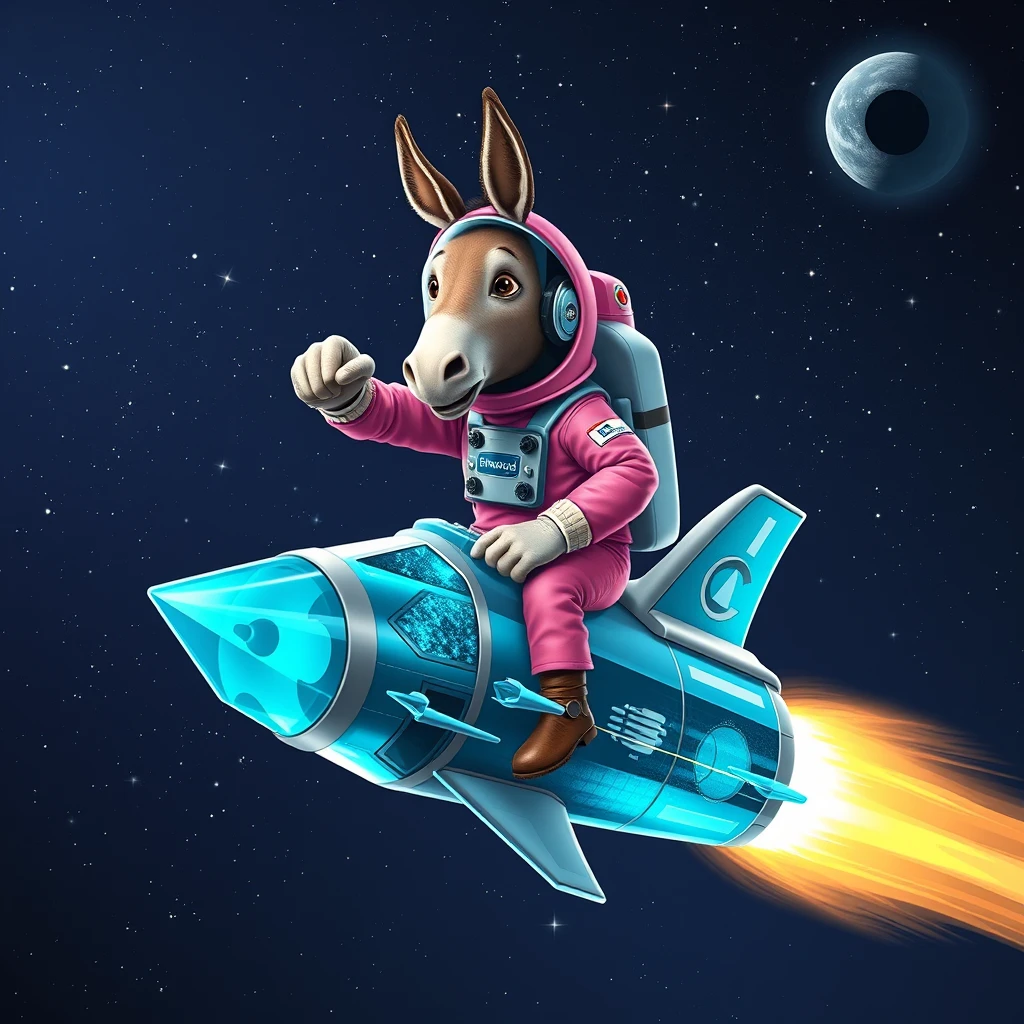 An ambitious donkey wearing pink astronaut costume, riding on a crystal stunning cyan spaceship, making a punching gesture, flying to the outerspace under a clear night sky with lots of shining stars, passing by a huge black-hole. Realistic style.