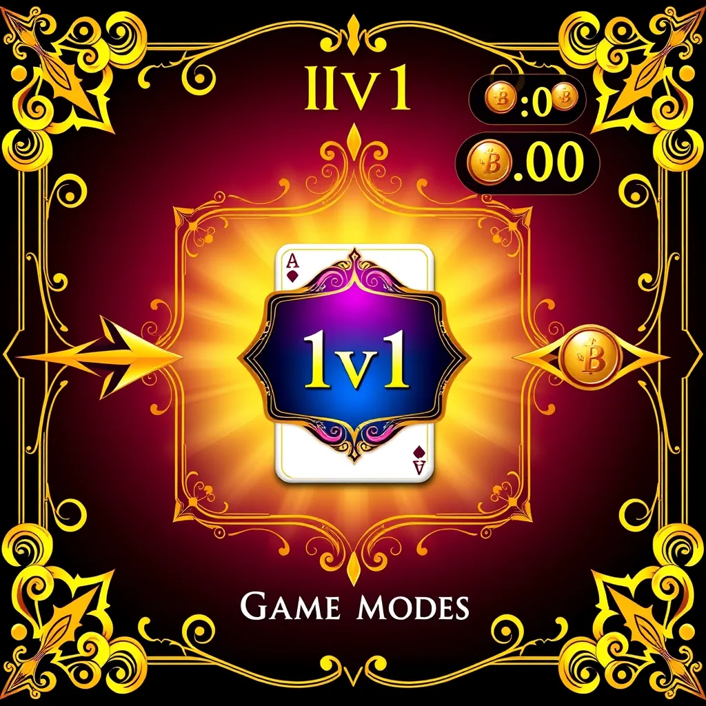 A stylish and vibrant game menu screen featuring a central card indicating the 1v1 game mode. The elegant design is accentuated by the intricate border, and the card is surrounded by a wealth of color. Arrows on the left and right of the screen allow the user to easily navigate between game modes. The top right corner displays the current coin count in a visually appealing manner, adding to the overall sophisticated and engaging atmosphere.