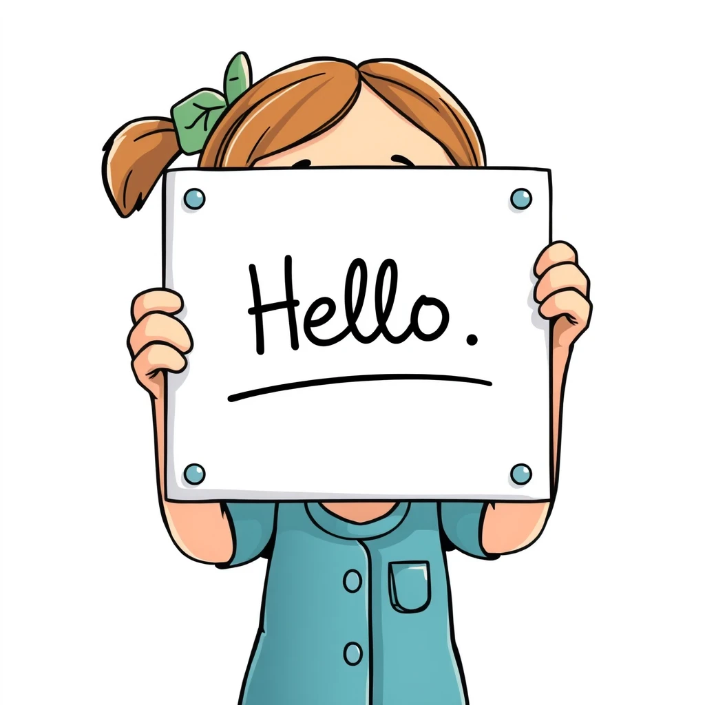 A cartoon girl holds up a whiteboard with "Hello" written on it. - Image