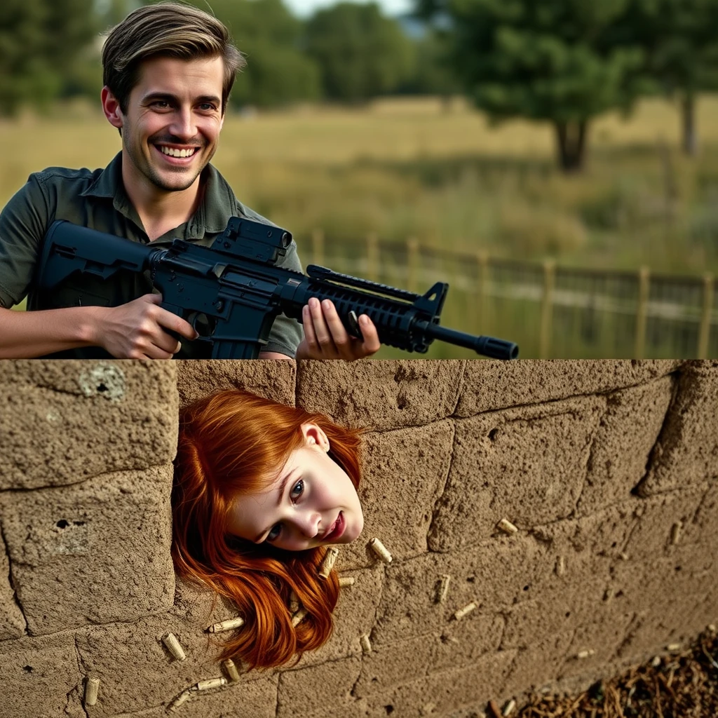 "2 person scene, smiling 20-year-old Italian man, reloading assault rifle while looking at the camera; young redhead girl slumped against a wall, full of bullet holes, in a rural setting."