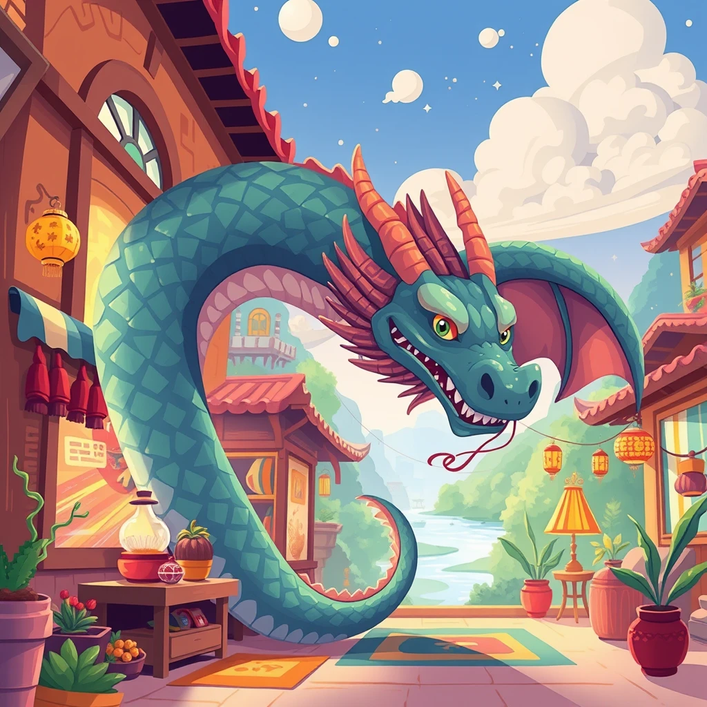   “Create a vibrant and playful illustration featuring a lively ancient marketplace with a whimsical, child-friendly style. 
  Use bold, bright colors and soft, rounded shapes to evoke a sense of wonder and excitement. 
  The atmosphere should be colorful and engaging, with abstract representations of stalls and buildings. 
  For another scene, illustrate a calm riverside with gentle, flowing lines and soft, soothing colors.
  Add a touch of fantasy with imaginative elements to make the environment inviting for children. 
  Consider a festive scene with bright, cheerful decorations and a fun, animated vibe. 
  Ensure the illustrations are highly detailed, with a high level of artistry, and are appealing and engaging for a young audience.”

a magnificent majestic dragon swooping down from the sky, quietly inserting its head into a window of a house, with a long flowing tail swishing into a living room, in an anime style drawing - Image