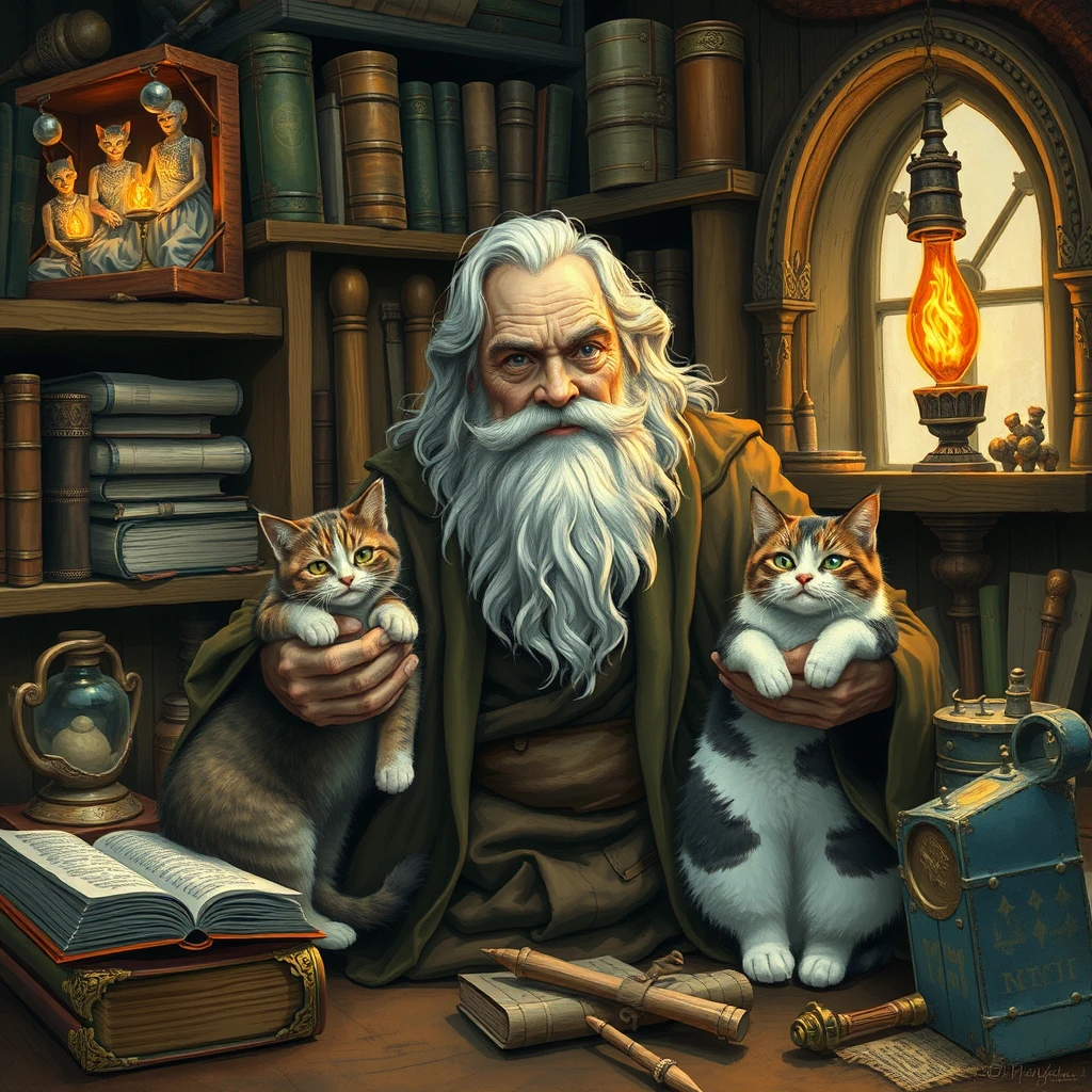 Old wizard with his cats in his laboratory, books, tools, magical artifacts, Gandalf, cat art, fantasy. - Image