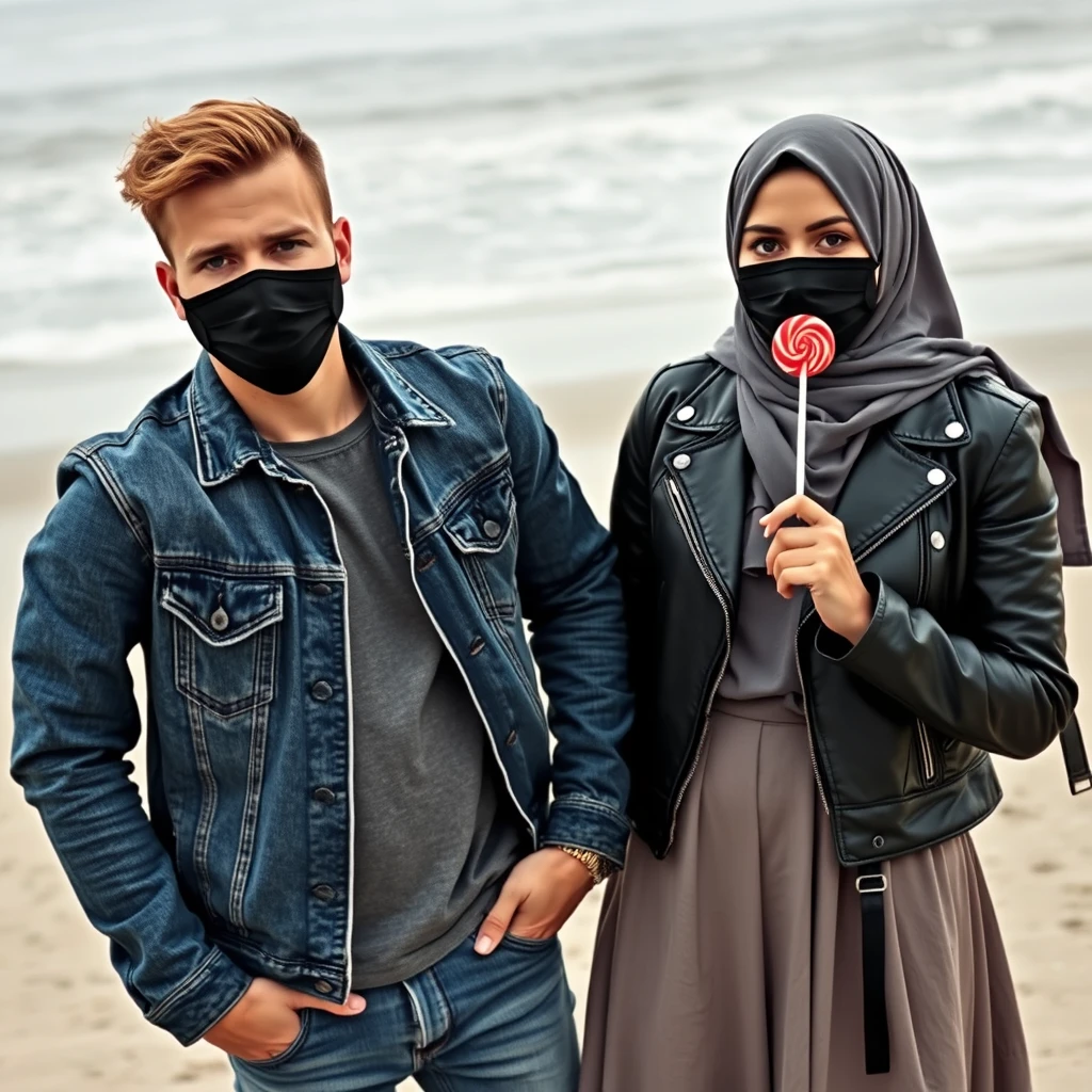 Jamie Dornan's head and body shot, handsome, black face mask, denim jacket, jeans, dating, love couple with the largest grey hijab Muslim girl, beautiful eyes, black face mask, black leather jacket, largest skirt, at the beach, holding a lollipop, hyper-realistic, street photography, selfie. - Image