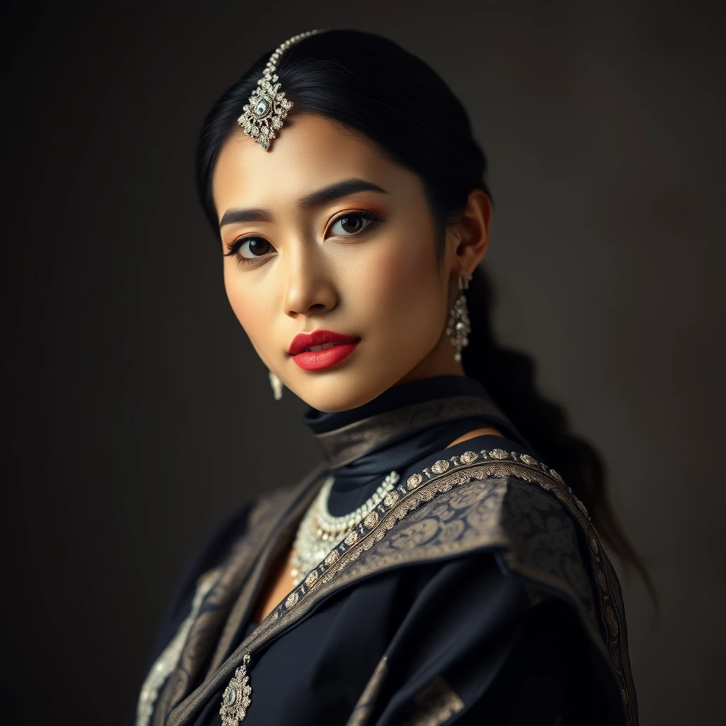 "Create an image of a beautiful Indonesian woman with fair skin. She should be portrayed in an elegant and tasteful manner, reflecting both beauty and confidence. Her attire should be stylish and sophisticated, highlighting her grace and poise. Ensure that the image is respectful and artistic, with a focus on showcasing her features and attire in a refined way." - Image