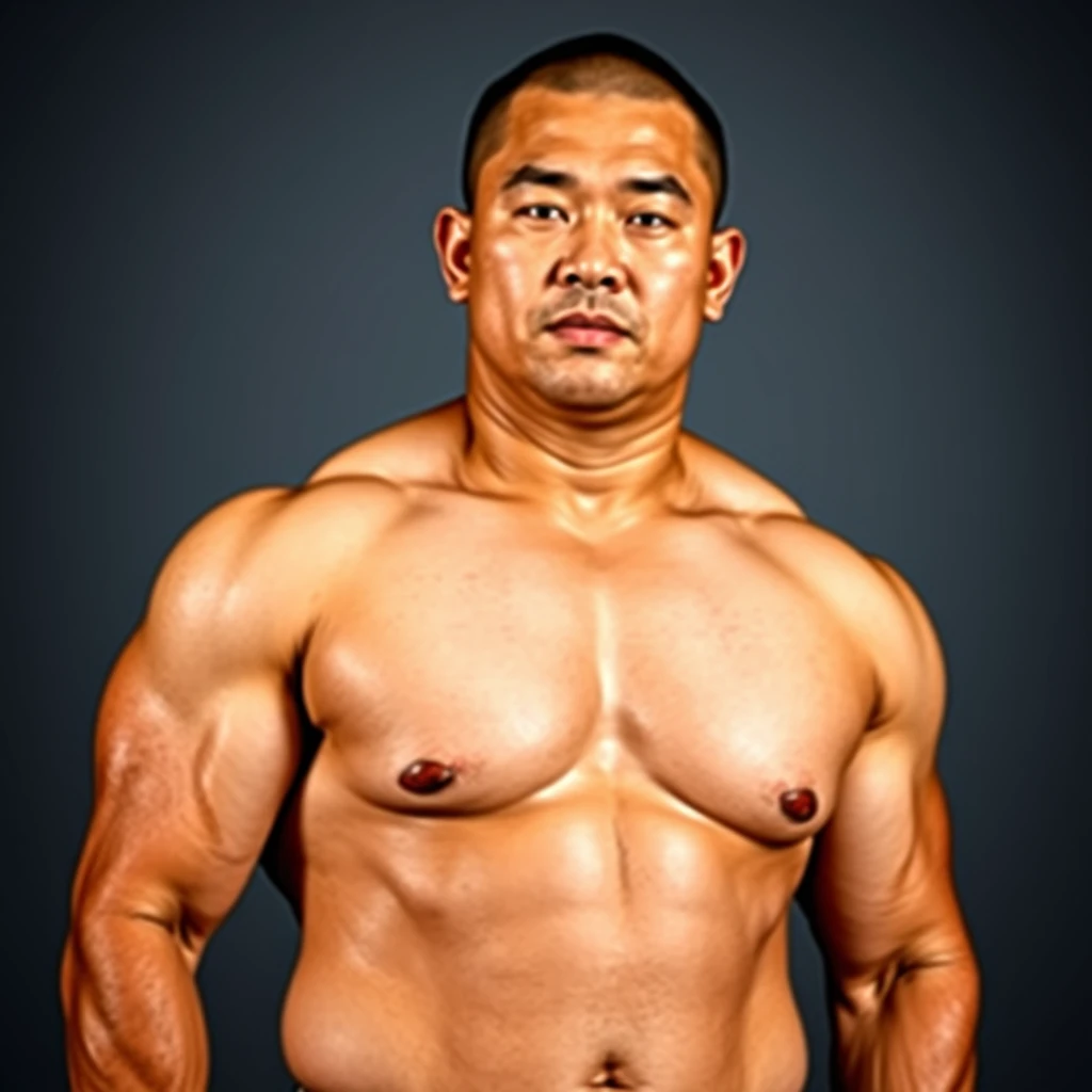 'A full body portrait of a muscular beefy Asian male, with a layer of fat over his muscles, buzz cut, 32k UHD, real.' - Image