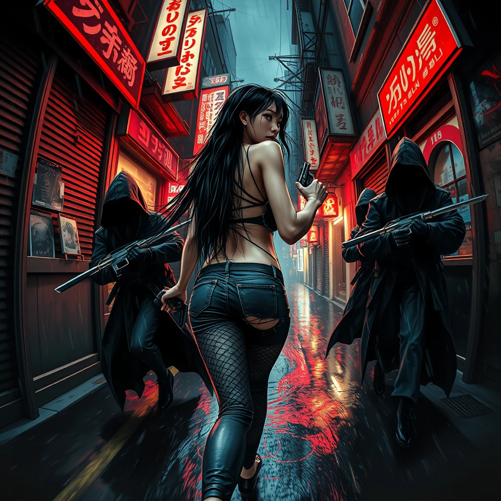 Dark grungy brush strokes, a sexy alluring cyberpunk Japanese female with long straight black hair, sprinting desperately down a dark dystopian urban alleyway being chased by menacing cyberpunk assassins with katanas in futuristic hooded cloaks just about to reach her, katanas reflecting neon lights, holding a revolver pistol in her right hand, ripped jeans, ripped fishnet leggings, she is turned slightly towards the chasers, bokeh, depth of field, raining, wet surfaces, wet hair, cybernetic implants, fisheye lens, high FOV, grunge graffiti art style, Japanese shop signs, neon lights with realistic lighting, dark and gloomy, manhwa art style, realistic lighting, realistic reflections, high quality, 8k, concept art, close up camera shot, realistic hands, realistic pistol, atmospheric lighting.