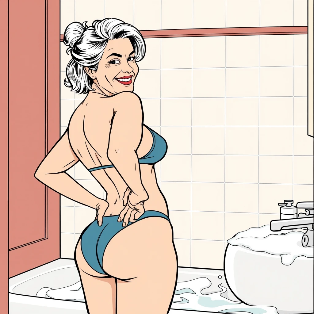 Comic lineart, in the bathroom, a mature woman in swimwear, puts her hands on her hips, rubs foam, looks back at the viewer, and smiles.