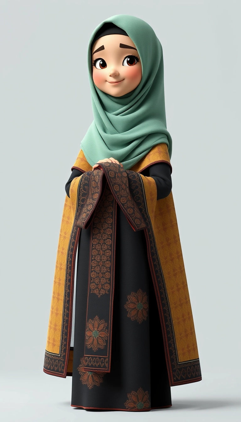 A 3D, 8k animated cartoon depiction of a Muslim woman from Palembang, wearing a traditional long songket and a long gown (gamis). She is adorned with a hijab that covers her chest and wears batik gloves covering her hands.