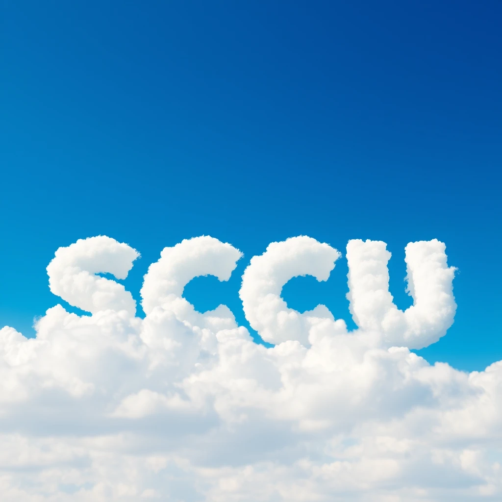 Sky: A vibrant blue sky, clear and bright, stretching endlessly towards the horizon.  
Clouds: Fluffy, pure white clouds form the distinct, recognizable letters of “SCU.” The clouds are well-defined and easily readable, with clear separation between each letter. The letters should be proportionally sized and spaced to create a legible and aesthetically pleasing composition across the sky.  
Perspective: The perspective should be from the ground looking up, giving the impression of the vastness of the sky and the grandeur of the cloud formation.  
Lighting: The sun illuminates the scene from above, casting bright, clear light on the clouds and making them appear even more luminous against the blue backdrop. The light creates subtle shadows and depth within the cloud formations, adding realism and dimension.  
Details: Pay close attention to the realistic depiction of the clouds, capturing their fluffy texture and the way they catch the light. Ensure the letters are formed with clarity and precision, accurately representing the lettering style of "SCU."  
Style: Photorealistic, aiming for a natural and believable depiction of a cloud formation in a clear blue sky. The overall impression should be one of awe and wonder at the beauty of nature and the creativity of the cloud formation. - Image