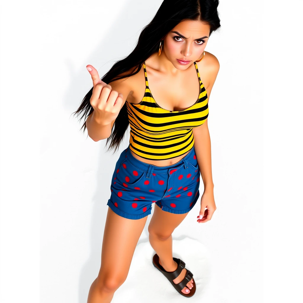 Beautiful woman with black hair and long golden earrings on the beach, wearing a yellow-black-striped top and blue short shorts with red dots, along with Birkenstock sandals. The woman must look at the camera with a sad face, showing the camera her middle finger. It's a full body shot, and the beach has white sand.