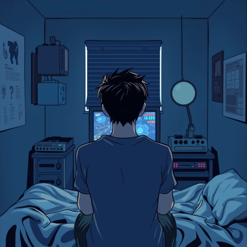 In a dimly lit, small room at night, a young man is facing the computer screen and playing a game, with his back to the camera in a cyberpunk comic style.