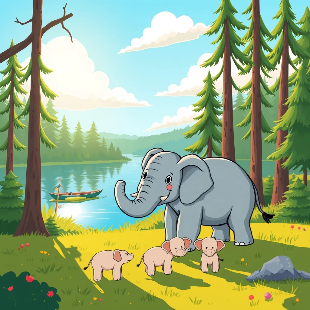 A whimsical cartoon of a happy elephant with her family grazing near a Finnish lake in a lush forest in the sun. - Image