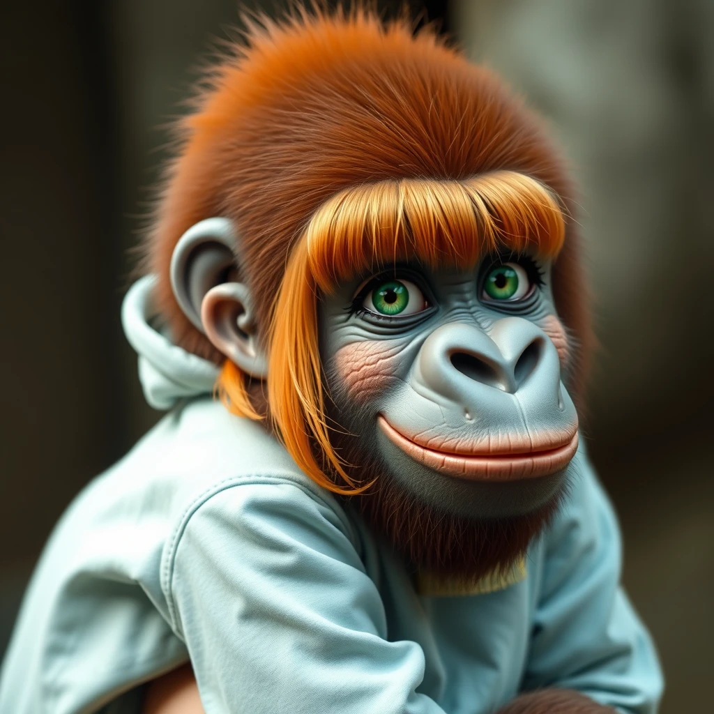 A gorilla wearing light blue and white clothes carrying a cute ginger-haired teenage girl with green eyes and bangs.