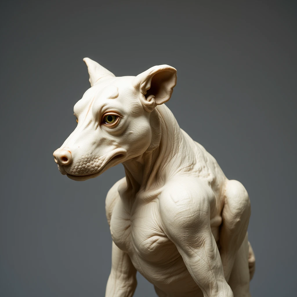 Sculpture of a humanoid creature in the style of Patricia Piccinini, a cross between a woman and a dog. - Image