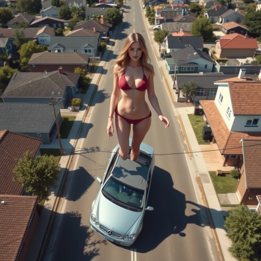 Aerial view of town, 50 meter tall attractive giant woman in bikini standing in neighborhood street, she is holding a car in one hand, realistic shadow.