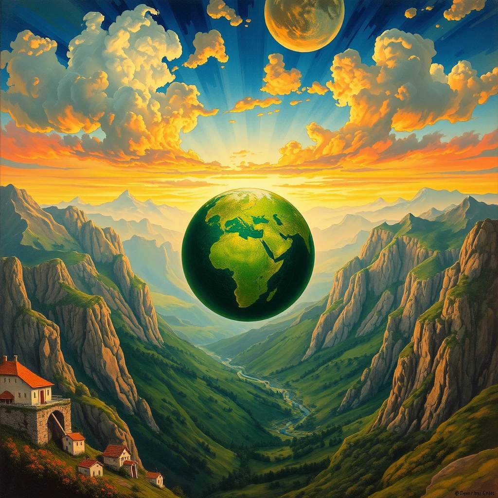 "The art of Alphonse Mucha, with a depiction of a green Earth in the middle, rendering, beautiful scenery, dramatic colors, realistic photos." - Image