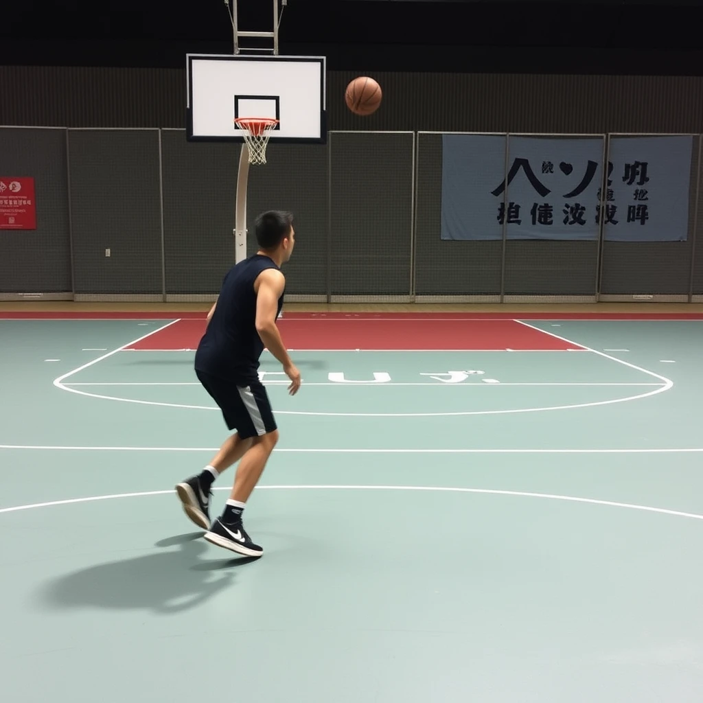 "On the basketball court, someone is playing basketball, and there are Chinese characters or Japanese." - Image