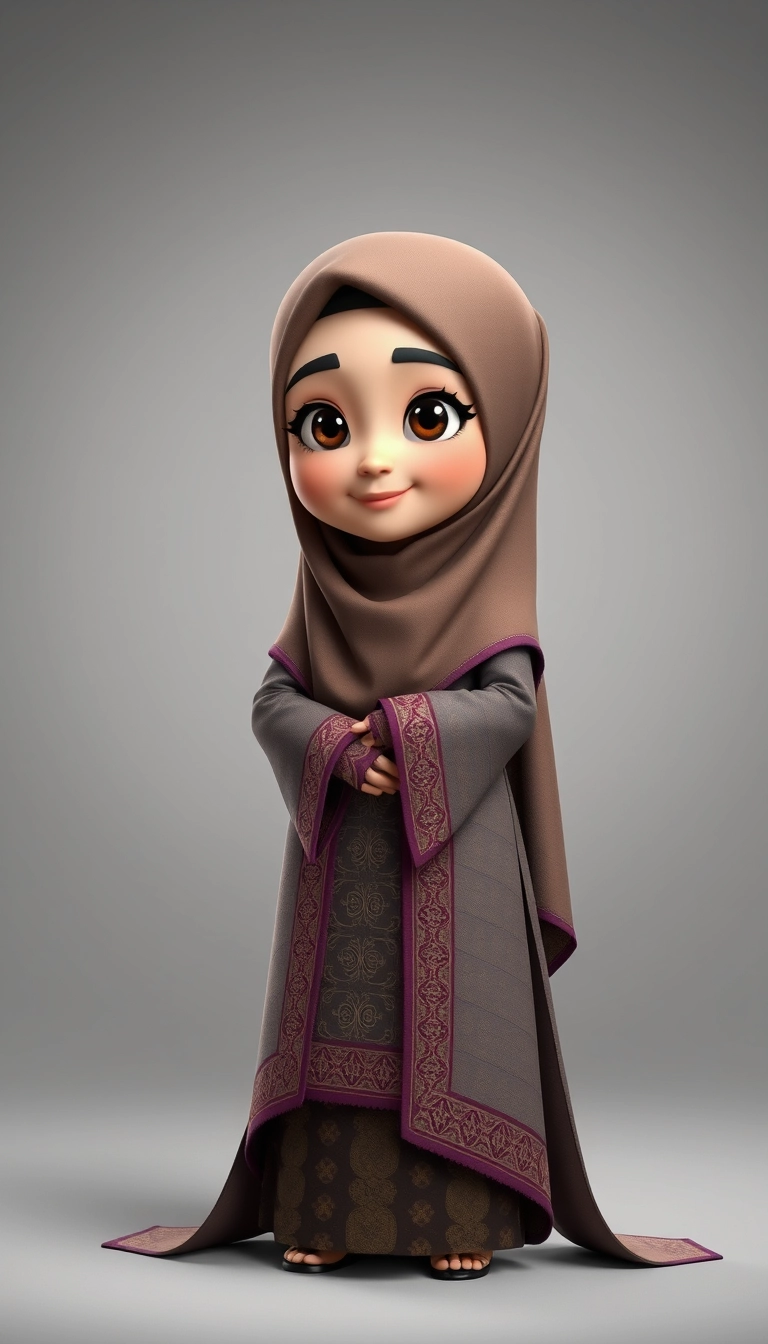 A 3D, 8k animated cartoon depiction of a Muslim woman from Palembang, wearing a traditional long songket and a long gown (gamis). She is adorned with a hijab that covers her chest and wears batik gloves covering her hands. - Image