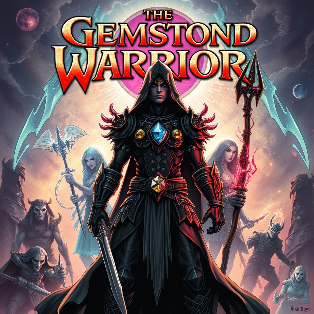 Front of a new comic book dark fantasy style called the gemstone warriors