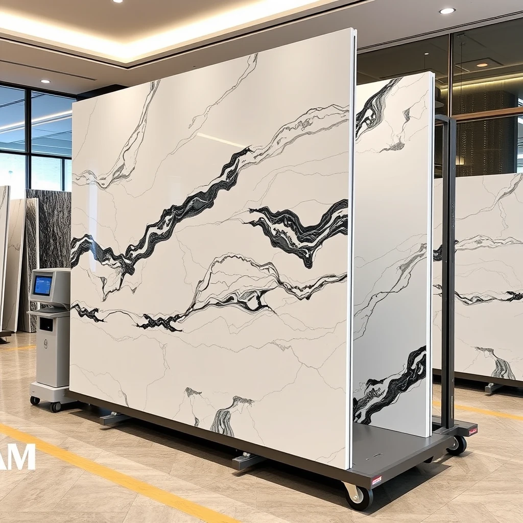 Smart, stylish automated AGV-based carrier-cum-display system that holds 2 large 4-meter-sized polished marble panels such that one horizontal panel and one vertical marble panel together form a large L-shaped configuration in the pattern matching orientation, in a professional yet cheerful setting. - Image