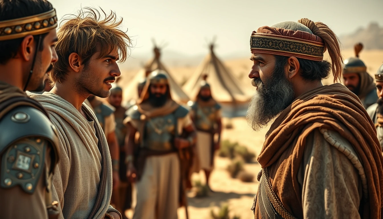 A young man with messy hair is arguing passionately like an Italian with a middle-aged man. The young man is dressed in ancient biblical shepherd's attire, while the older man is dressed to look like a Mesopotamian king. The young man stands apart from the middle-aged man. Both men are surrounded by a diverse group of men in ancient Israelite Bronze Age soldier armor. In the background, there are Bedouin tents pitched on a desert shrub land. The lighting is dramatic. - Image