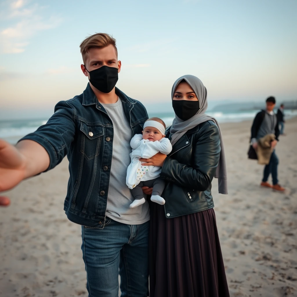 Jamie Dornan's head and body shot, handsome, black face mask, denim jacket, jeans, dating, love couple with the biggest grey hijab Muslim girl, beautiful eyes, black face mask, black leather jacket, biggest skirt, at the beach, holding a baby, hyper-realistic, street photography, selfie.