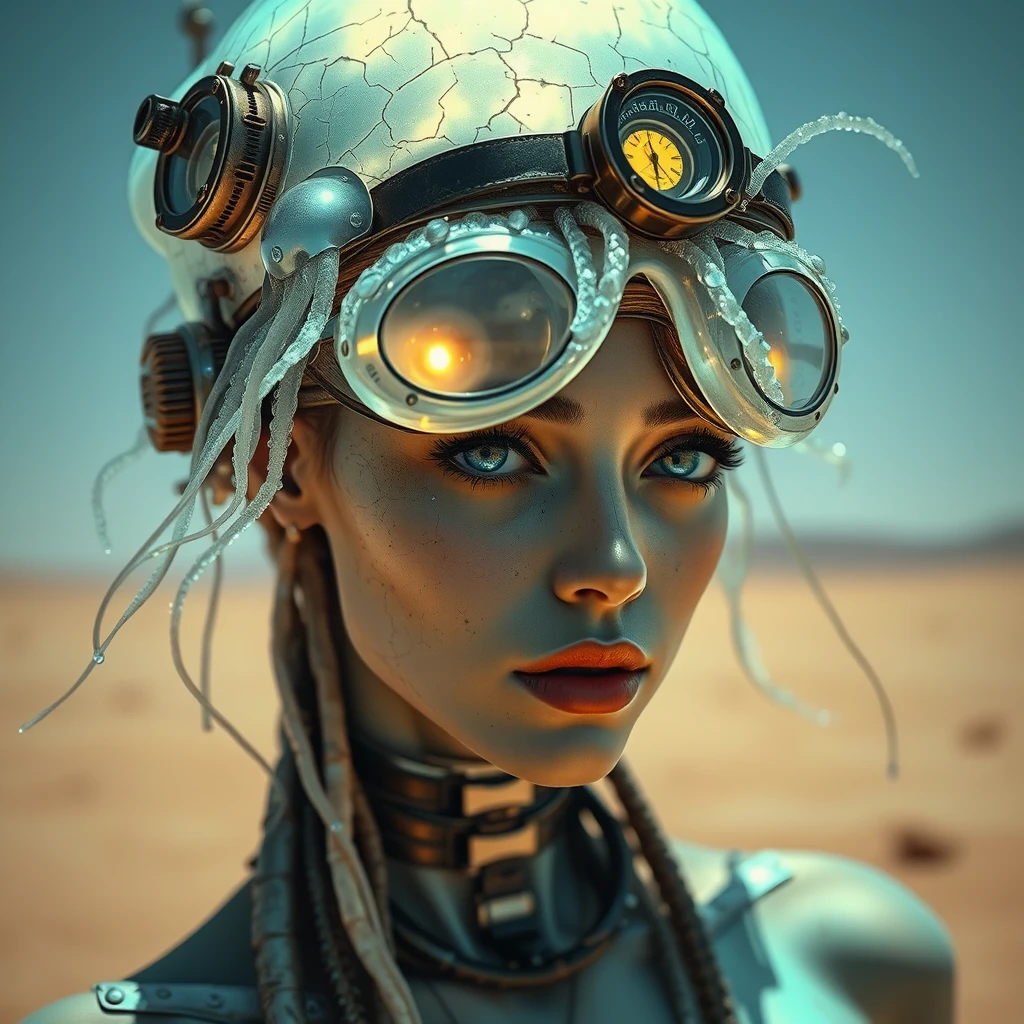 Ethereal cyborg woman, bioluminescent jellyfish headdress. Steampunk goggles blend with translucent tentacles. Cracked porcelain skin meets iridescent scales. Mechanical implants and delicate tendrils intertwine. Human features with otherworldly glow. Dreamy aquatic hues contrast weathered metal. Reflective eyes capture unseen worlds. Soft bioluminescence meets harsh desert backdrop. Fusion of organic and synthetic, ancient and futuristic. Hyper-detailed textures, surreal atmosphere. - Image