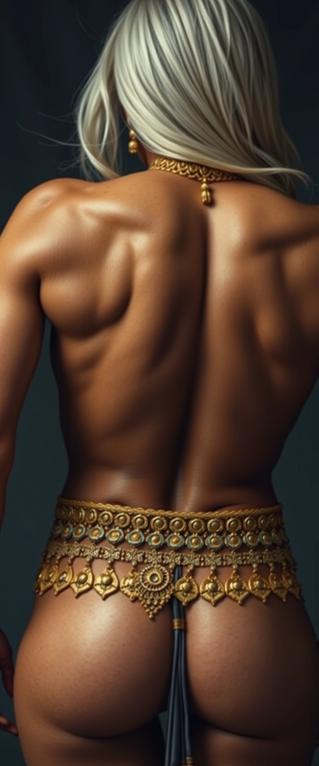 Close-up view of an unrealistically highly muscular back with big shiny muscles of a tall white Indian woman, hair spread, wearing gold ornaments on her waist and neck.