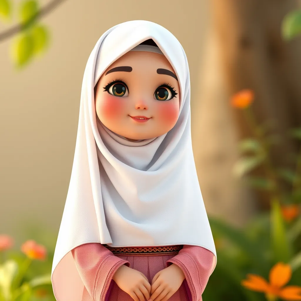 "Create a 3D animated cartoon of a Muslim woman from Palembang wearing a long white gamis. The character should be highly detailed with 8K resolution. Focus on traditional Palembang features and cultural elements." - Image