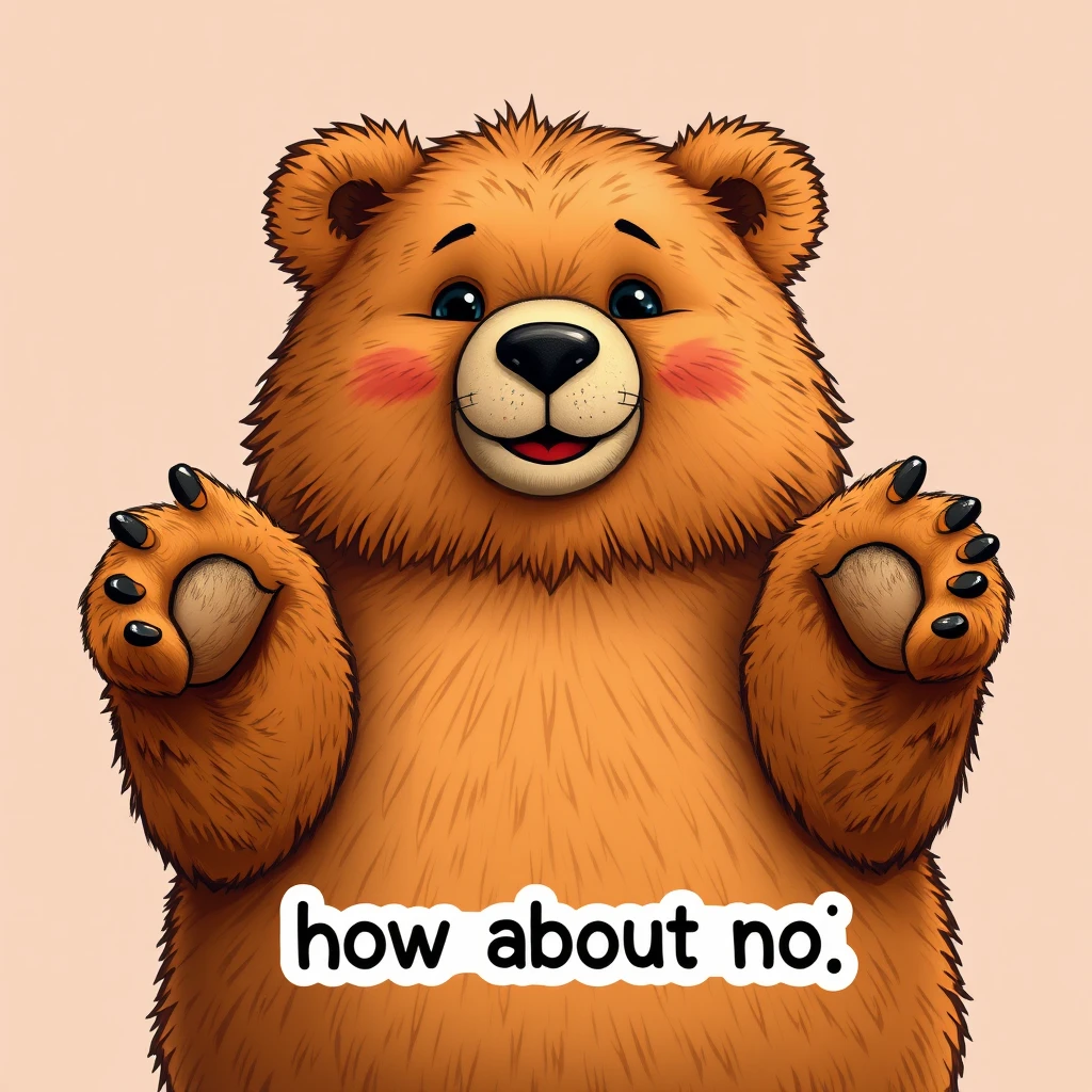 "Fat fluffy bear holding his paws out with text below saying 'how about no'"