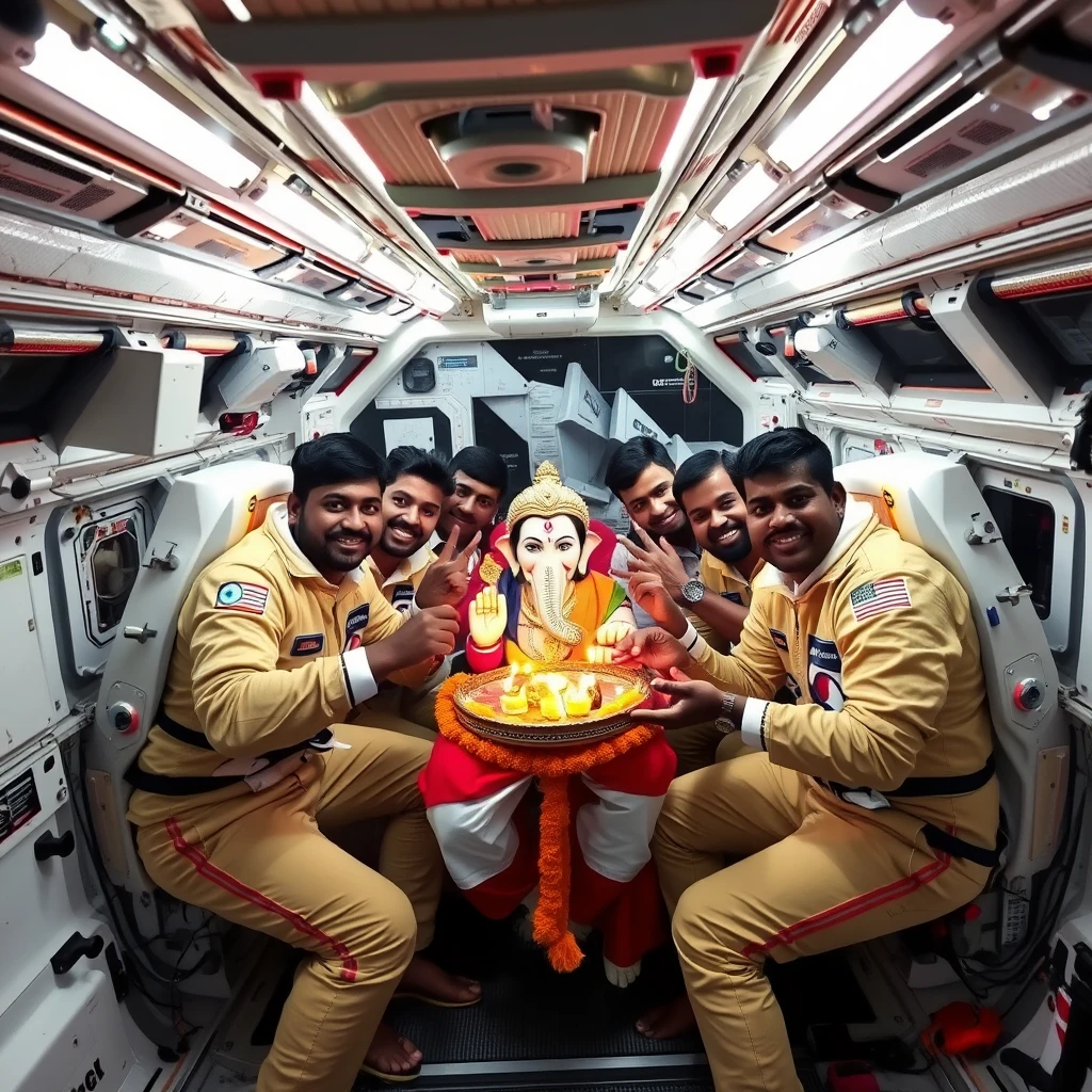 Indian astronauts team celebrating Ganeshotsav in a spaceship, in a zero-gravity situation, with lighting decoration.