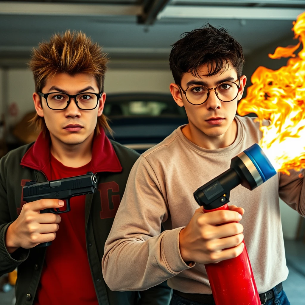 21-year-old white Chinese man with square glasses, long mullet, holding a pistol; 21-year-old white Italian man with round prescription glasses and short hair holding a very large fire extinguisher flamethrower, in a garage setting, both angry.