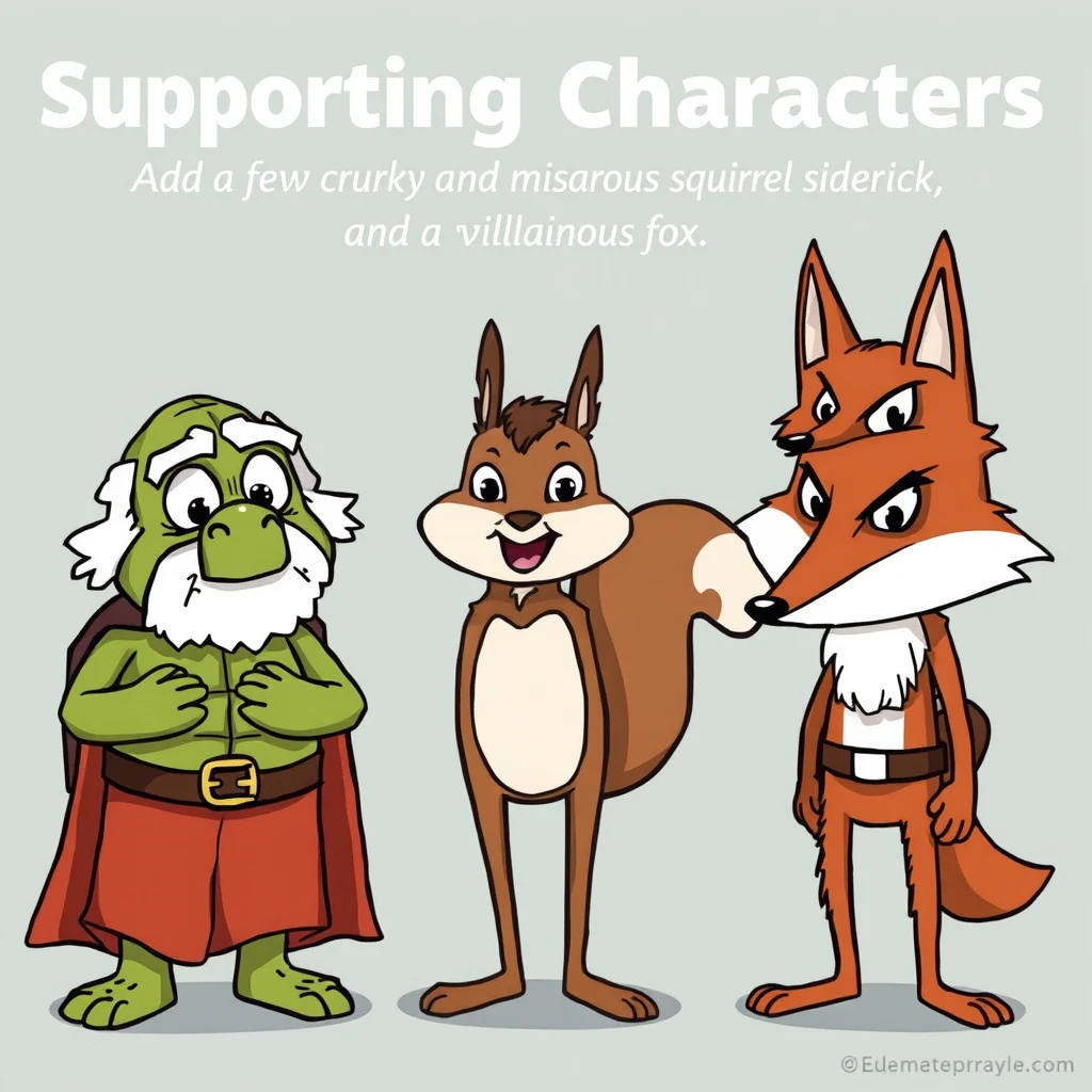 Supporting Characters: Add a few quirky and fun supporting characters such as a wise old turtle, a mischievous squirrel sidekick, and a villainous fox.