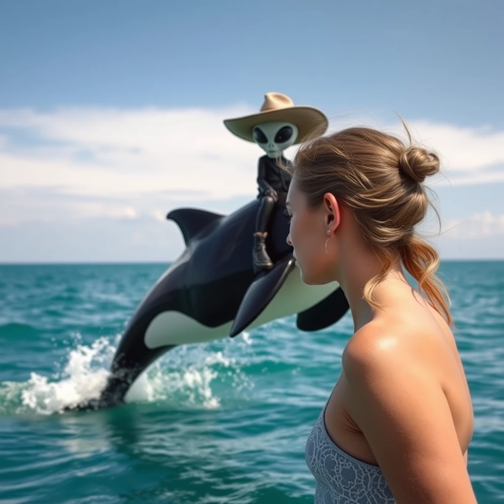 A 18-year-old model looks at the ocean where an orca ridden by an alien in a cowboy hat is jumping out of the water.