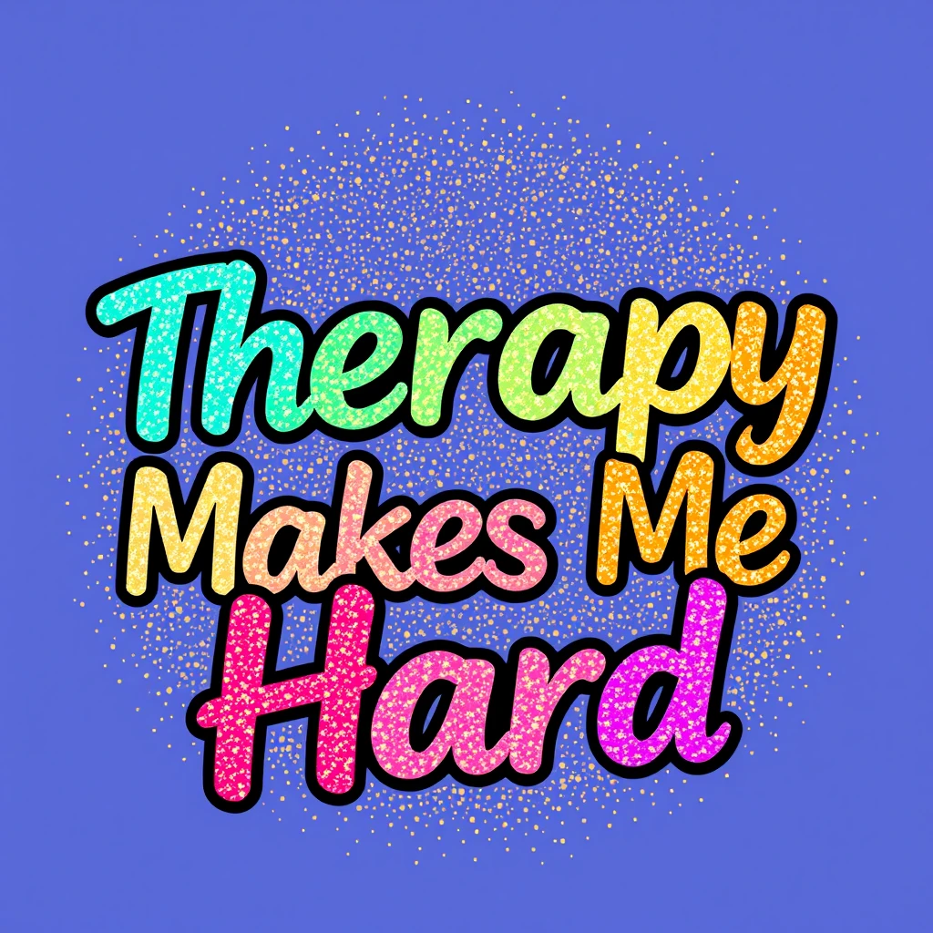 T-shirt design of fantastic vibrant glittery with an iridescent effect but ethereal text that says "Therapy Makes Me Hard" with each word a different vibrant color.