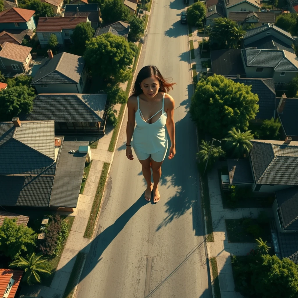 Aerial view of town, 50 meter tall giant woman standing in neighborhood street barefoot, realistic shadow.