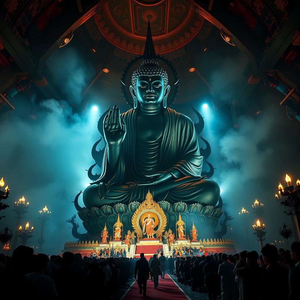 temple, huge multiple very scaring dark Buddha statue, evil, people worship on bended knees - Image