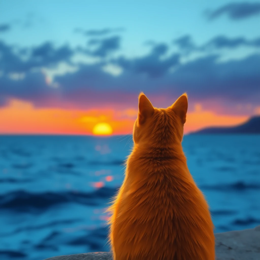 "By the blue sea, there is an orange cat watching the sunset."